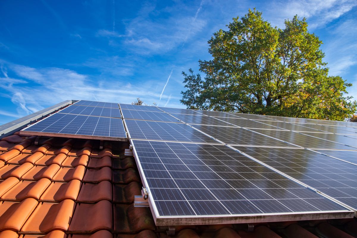 Solar panels mounted above a terracotta tile roof, with a tree and blue sky behind.