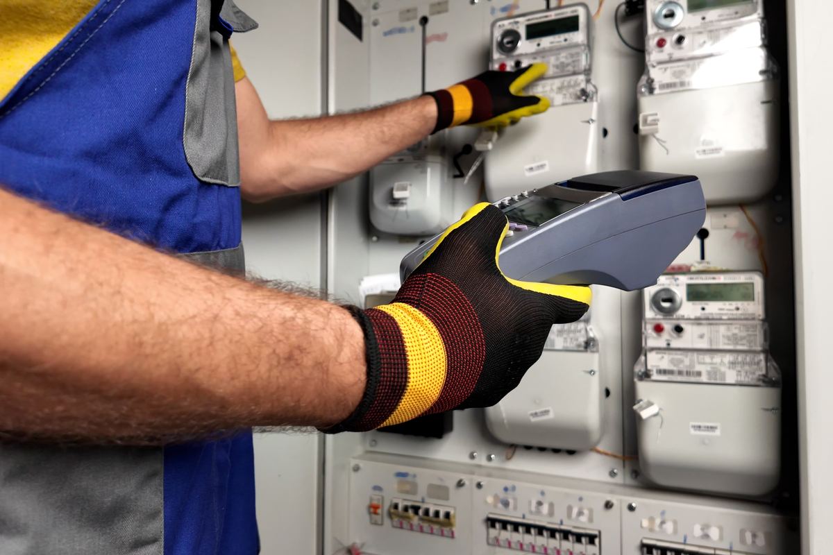 A gloved technician taking a reading at a domestic meter board.